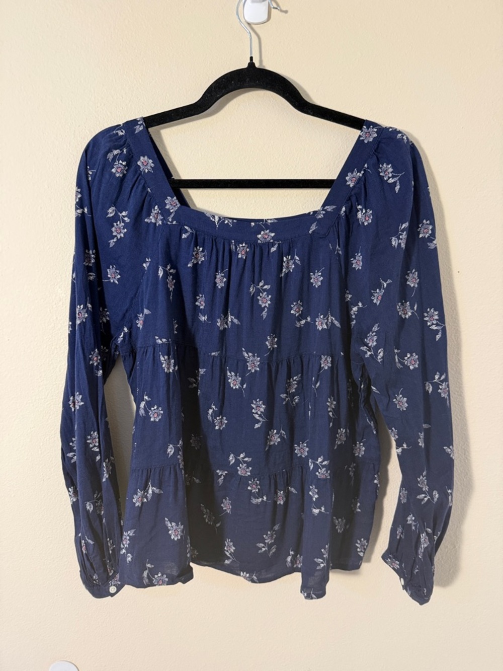 Old Navy Floral Printed Navy Square Neck Tiered Blouse Top Size S